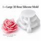 Large 3D rose silicone candle mold with raised support base and finished rose example