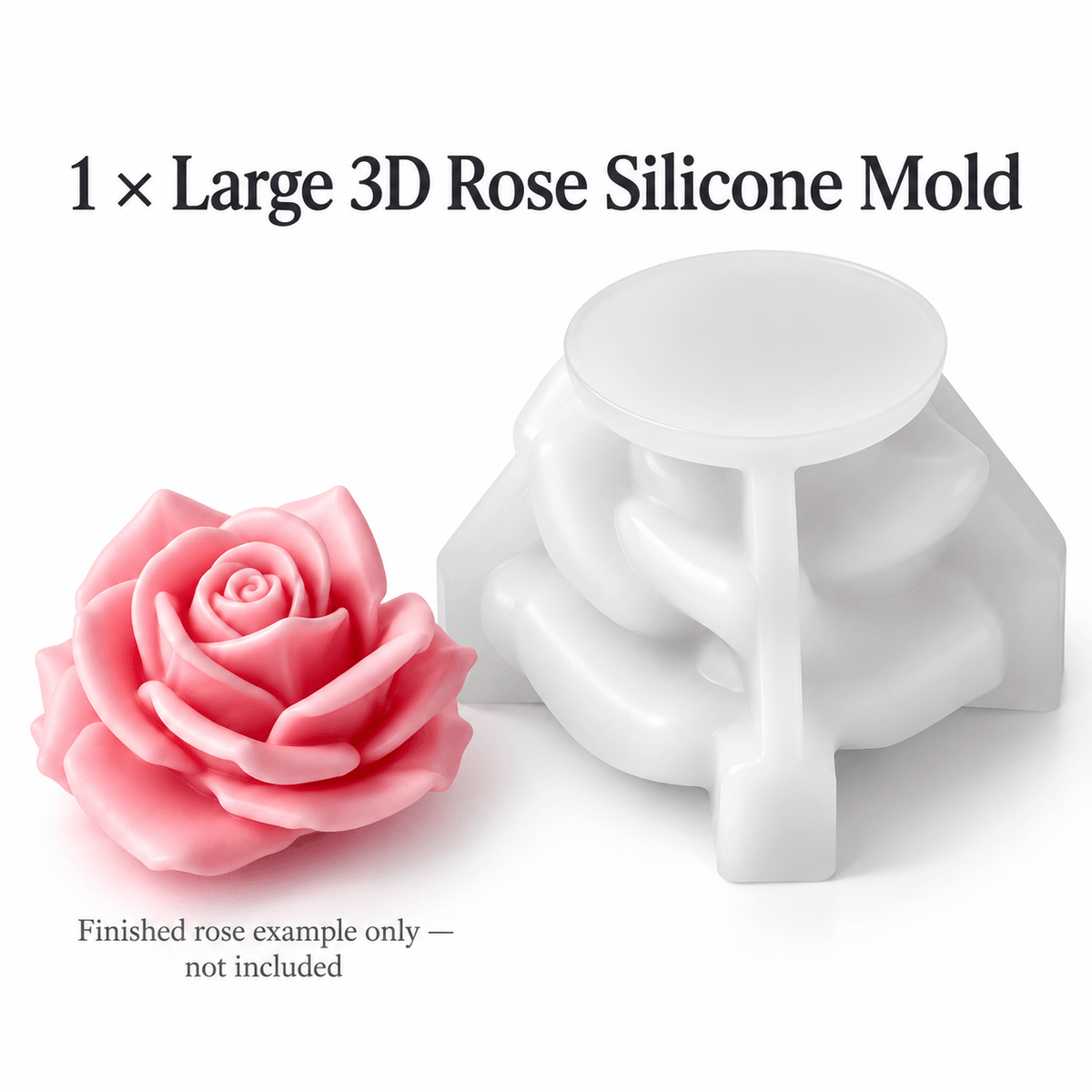 Large 3D rose silicone candle mold with raised support base and finished rose example