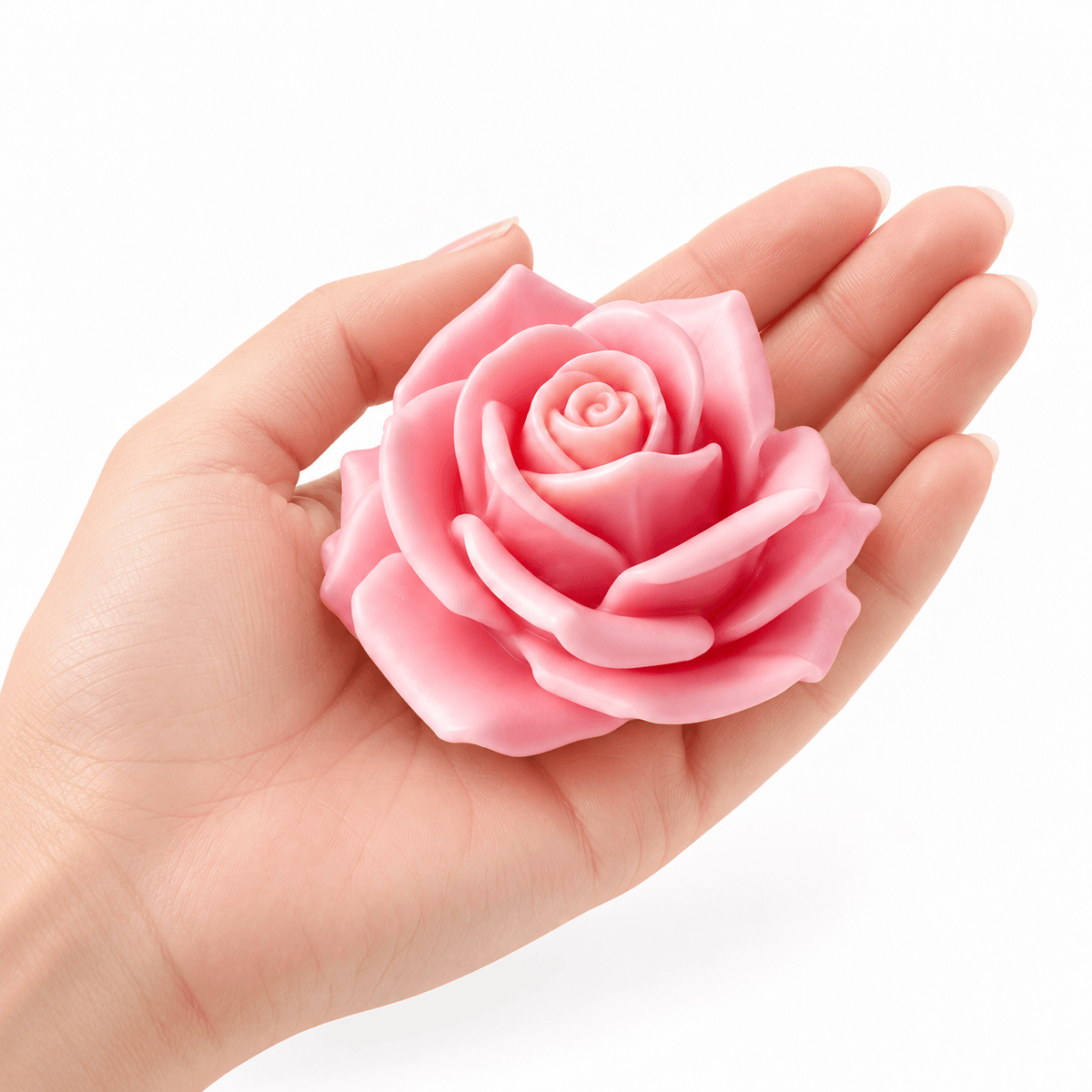 Large 3D rose silicone candle mold with raised support base and finished rose example