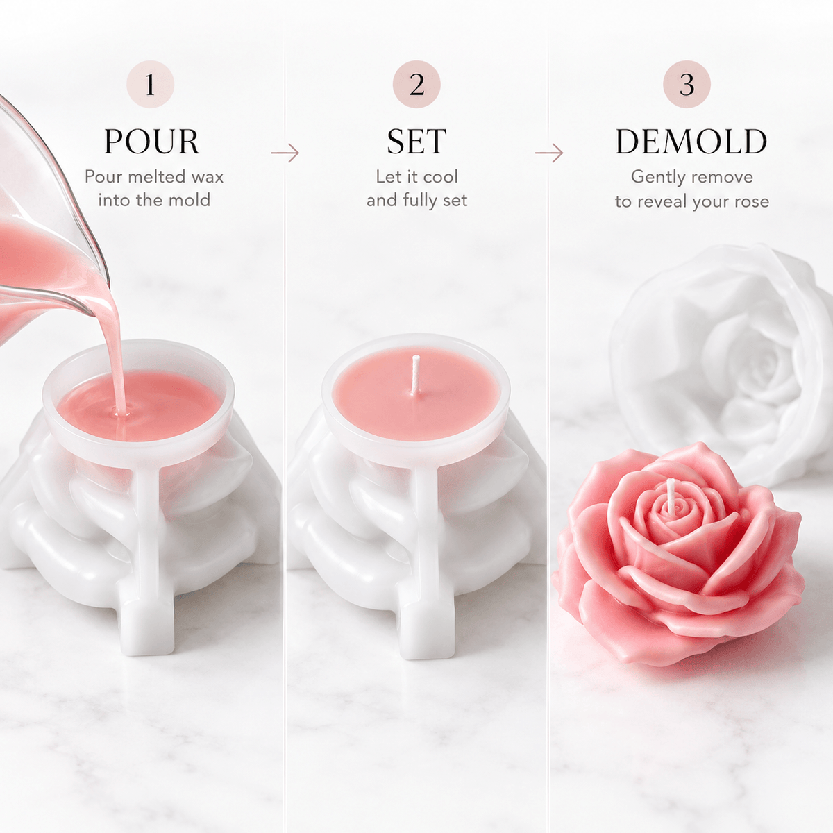 Large 3D rose silicone candle mold with raised support base and finished rose example