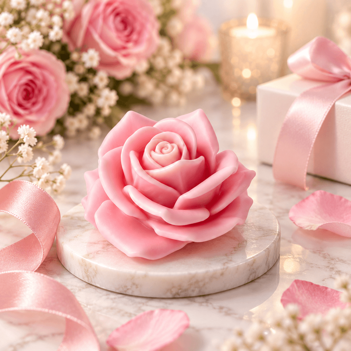 Large 3D rose silicone candle mold with raised support base and finished rose example