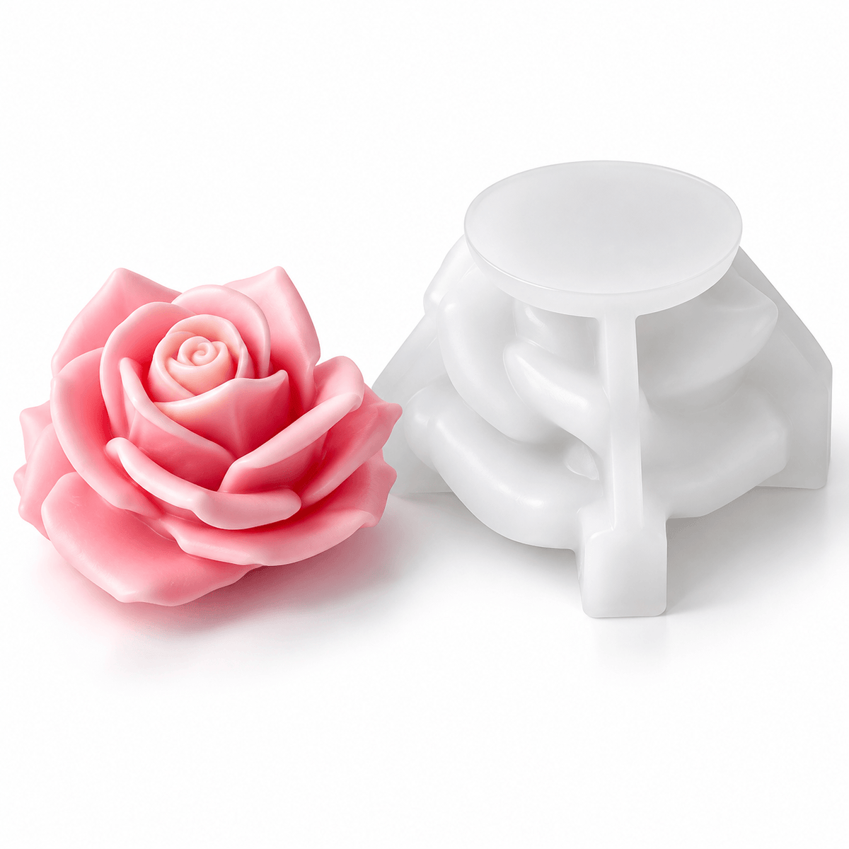 Large 3D rose silicone candle mold with raised support base and finished rose example