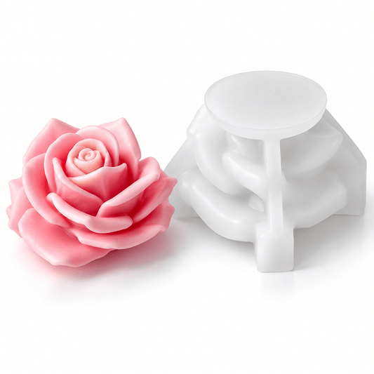 Large 3D rose silicone candle mold with raised support base and finished rose example