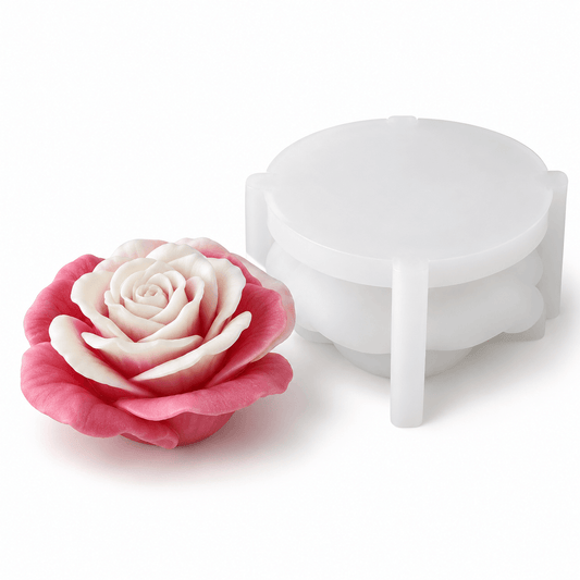 Large white 3D rose silicone candle mold with full-bloom finished rose example