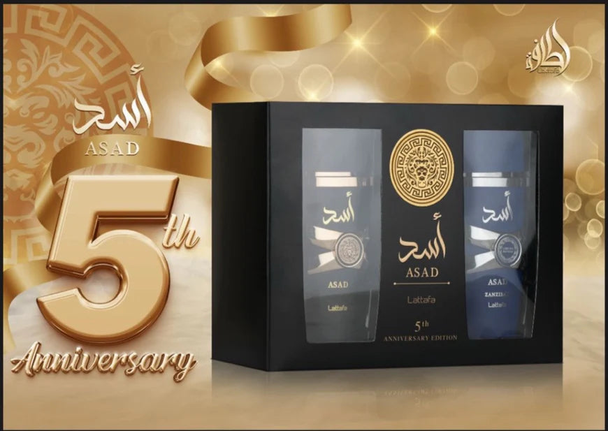 Lattafa Asad & Asad Zanzibar 100ml 5th Anniversary Gift Set – two men's fragrances bottle set on white background
