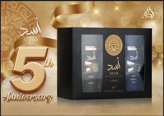 Lattafa Asad & Asad Zanzibar 100ml 5th Anniversary Gift Set – two men's fragrances bottle set on white background
