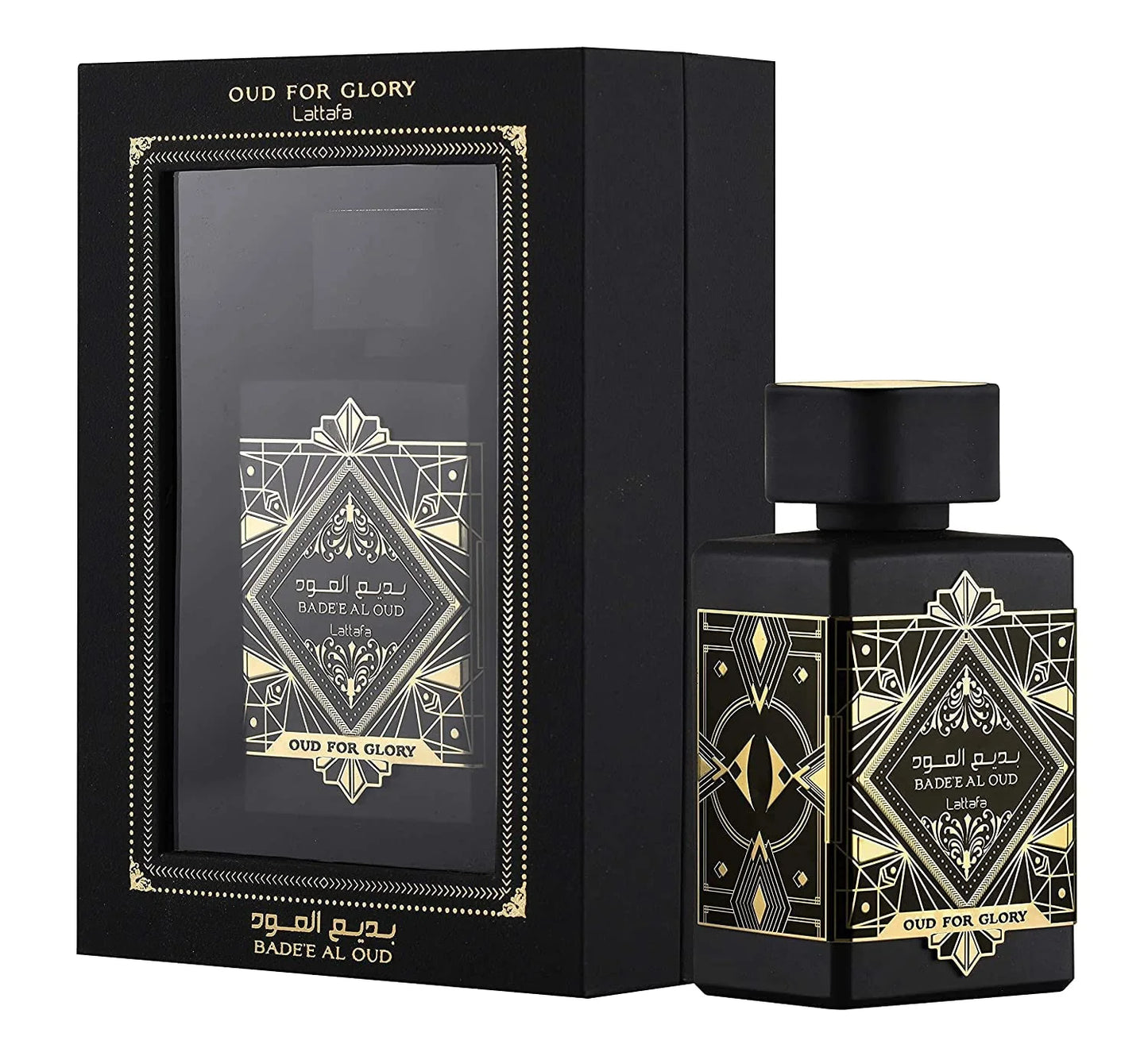 Lattafa Bade’e Al Oud Oud for Glory 100 ml – unisex oud patchouli musk fragrance bottle on white background
