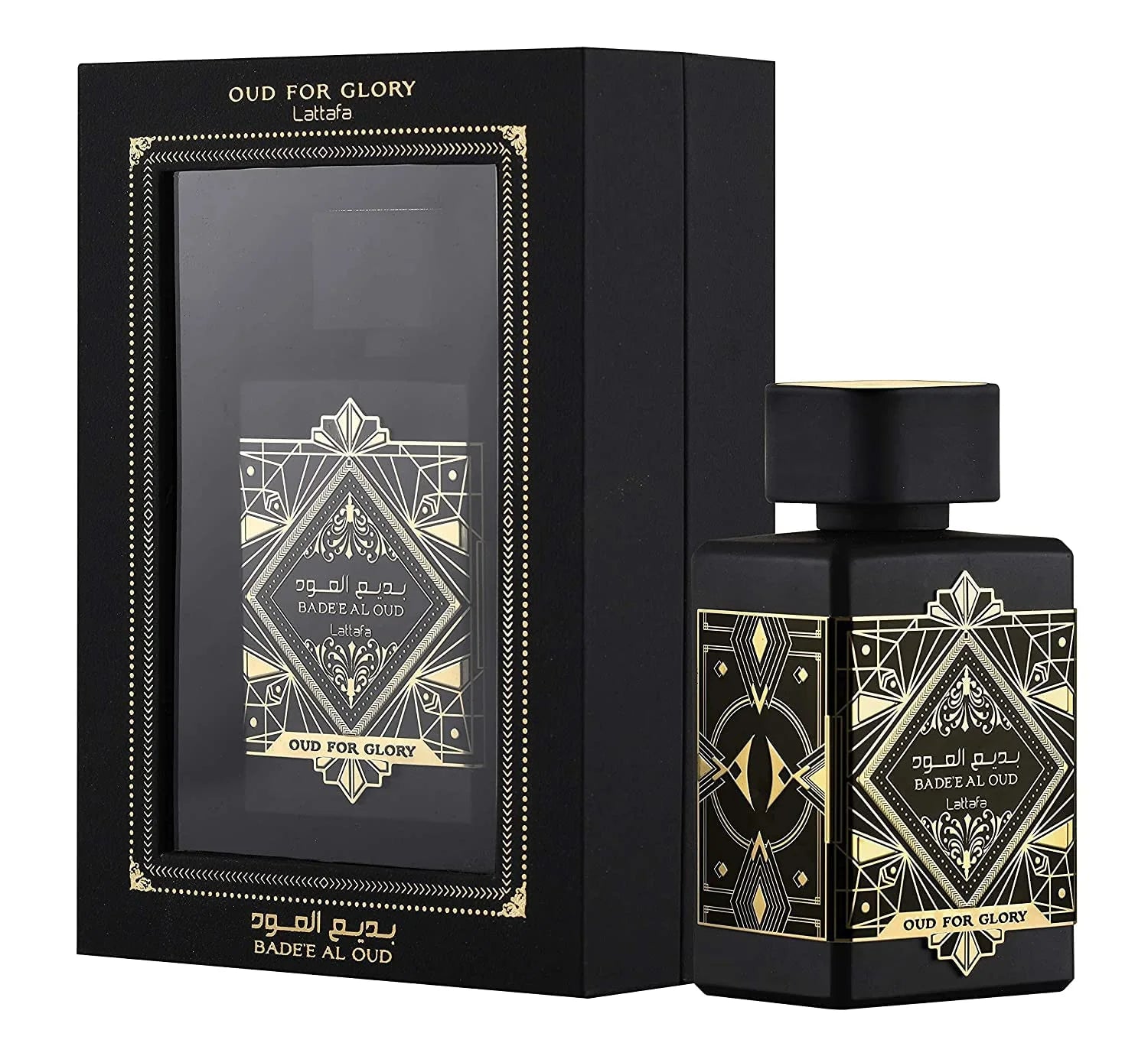 Lattafa Bade’e Al Oud Oud for Glory 100 ml – unisex oud patchouli musk fragrance bottle on white background
