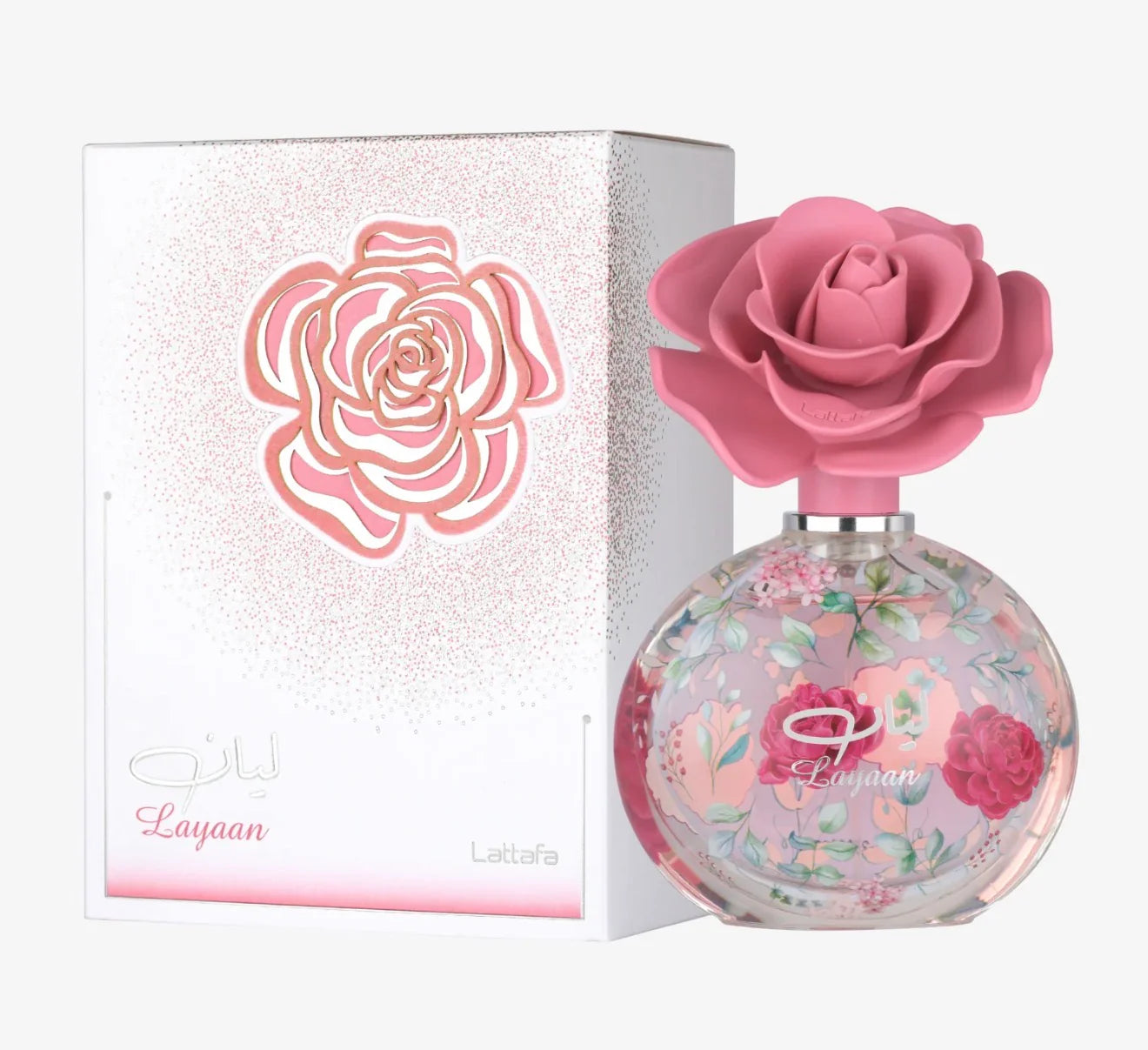 Lattafa Layaan 100 ml Eau de Parfum – unisex fruity floral sandalwood fragrance bottle on white background

