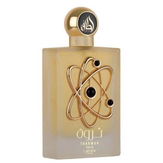 Lattafa Tharwah Gold 3.4 oz Eau de Parfum – unisex amber vanilla fragrance bottle on white background
