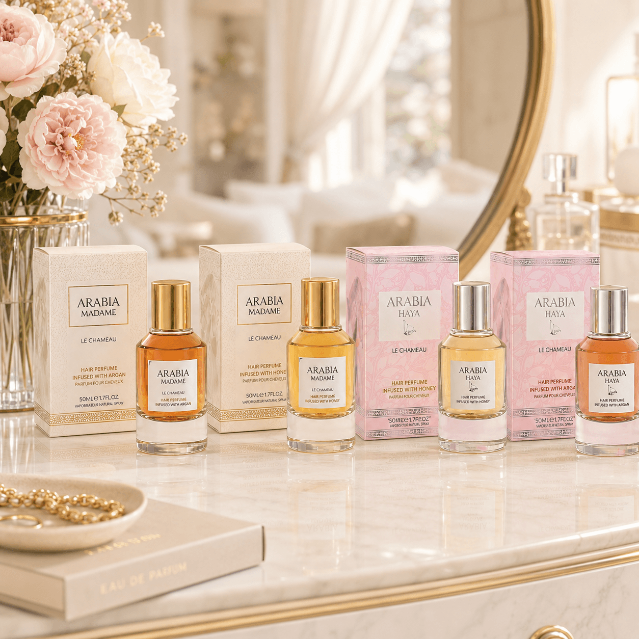 Le Chameau Arabia Madame and Arabia Haya Argan and Honey Hair Perfume 4-piece bundle
