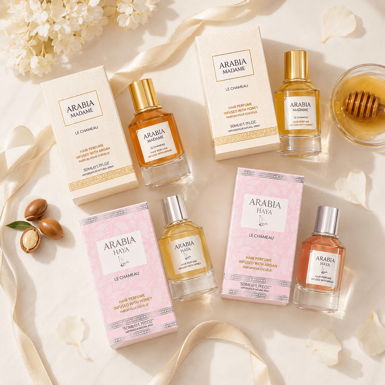 Le Chameau Arabia Madame and Arabia Haya Argan and Honey Hair Perfume 4-piece bundle
