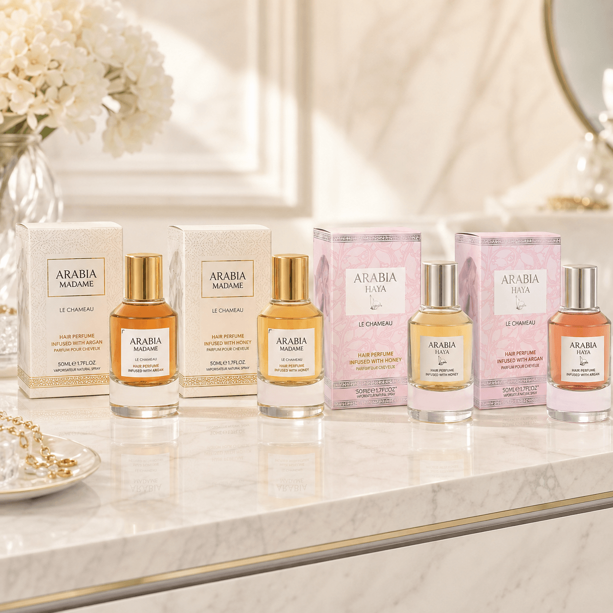 Le Chameau Arabia Madame and Arabia Haya Argan and Honey Hair Perfume 4-piece bundle