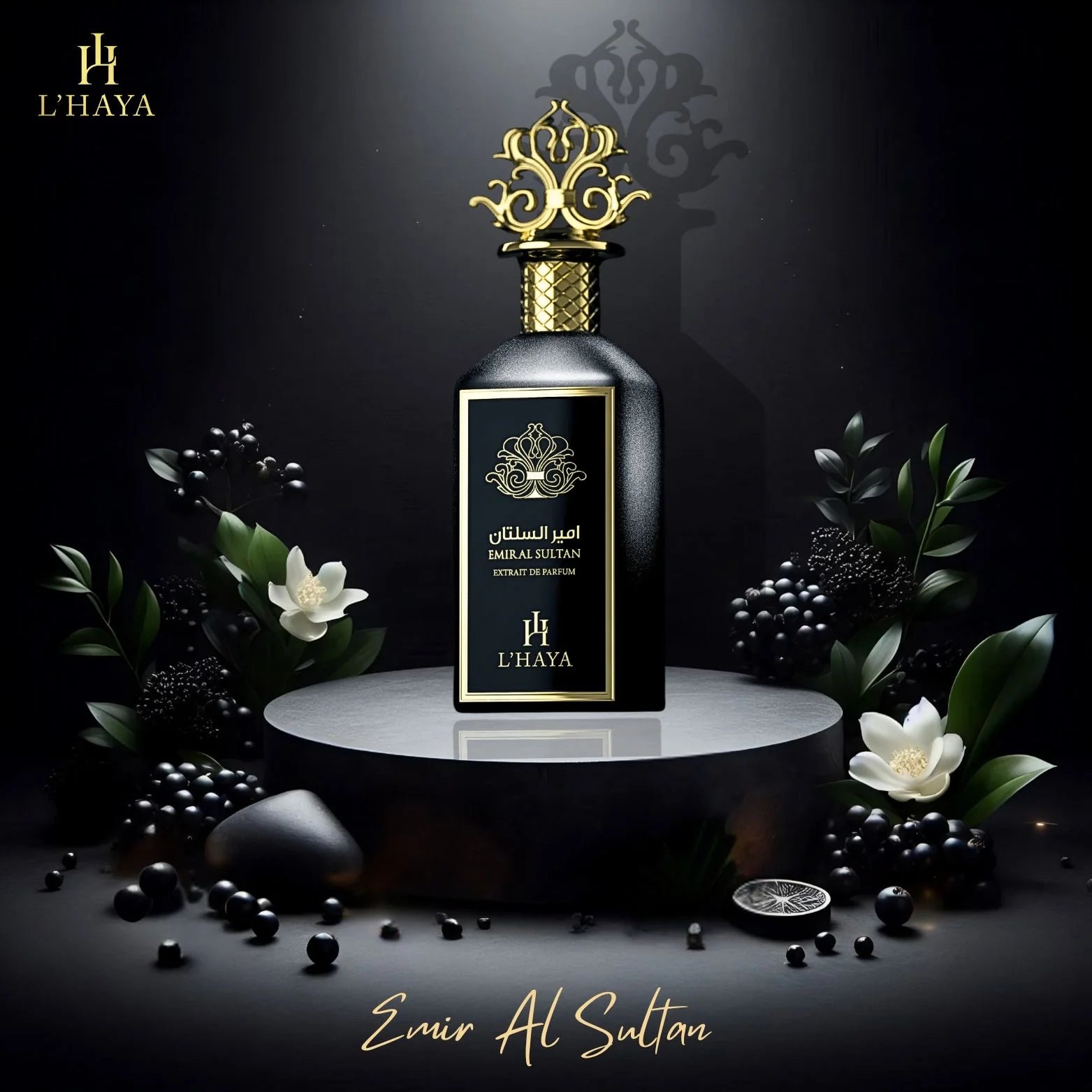 L’HAYA Emir Al Sultan Extrait de Parfum 100 ml – unisex royal oud amber fragrance bottle on white background

