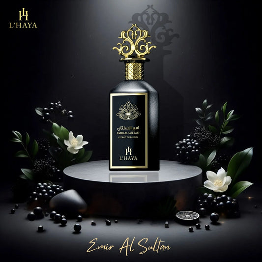 L’HAYA Emir Al Sultan Extrait de Parfum 100 ml – unisex royal oud amber fragrance bottle on white background
