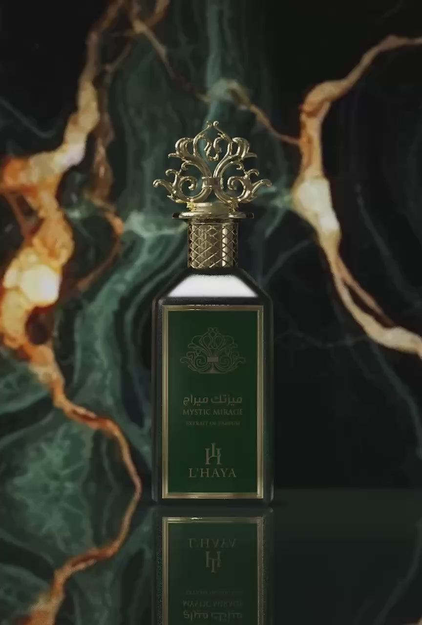 Shop L’Haya Mystic Mirage Extrait de Parfum 100ml – a vibrant luxury fragrance with citrus, mint, and woody-herbal accords. Elegant, modern, and long-lasting.