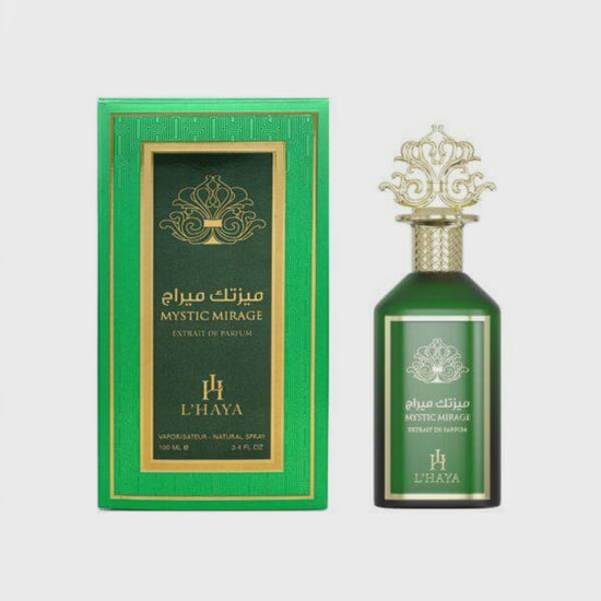 Shop L’Haya Mystic Mirage Extrait de Parfum 100ml – a vibrant luxury fragrance with citrus, mint, and woody-herbal accords. Elegant, modern, and long-lasting.