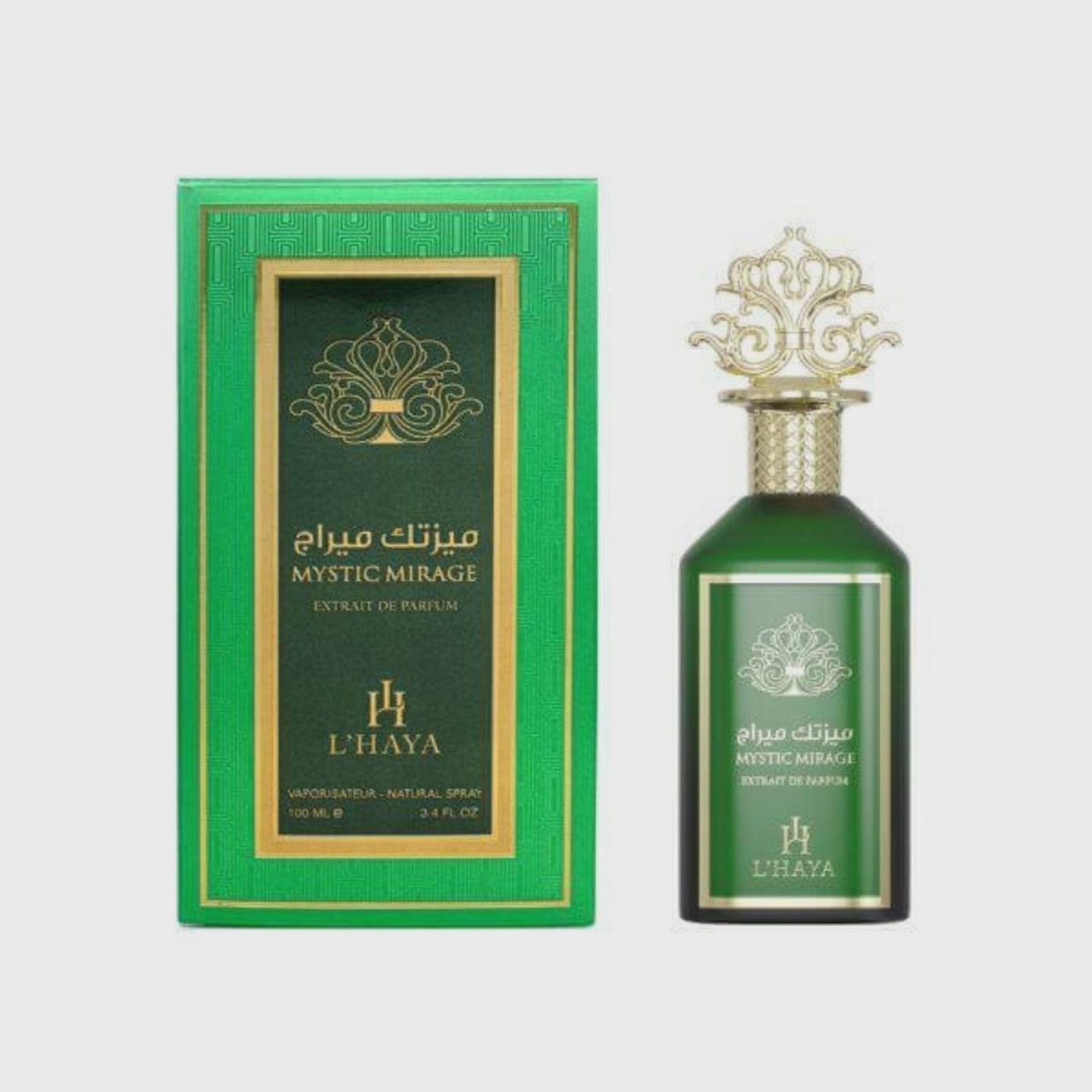 Shop L’Haya Mystic Mirage Extrait de Parfum 100ml – a vibrant luxury fragrance with citrus, mint, and woody-herbal accords. Elegant, modern, and long-lasting.