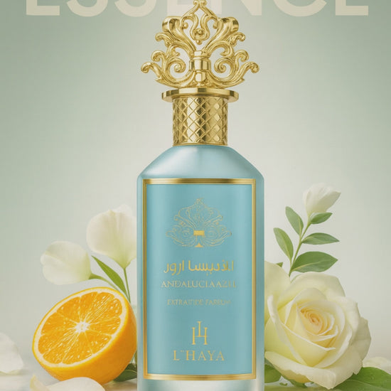 Shop L’Haya Andalucía Azul Extrait de Parfum 100ml – a luxurious citrus, floral, and woody unisex fragrance. Elegant, bold, and long-lasting.