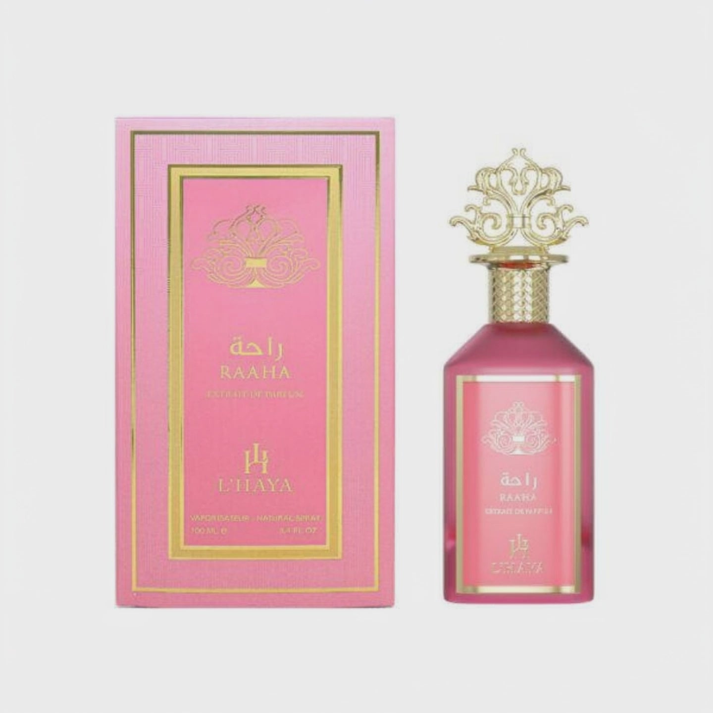 Shop L’Haya Raaha Extrait de Parfum 100ml – a feminine luxury fragrance with lychee, florals, vanilla, and warm sensual notes. Elegant and long-lasting.