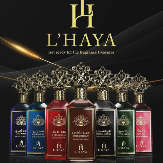 Shop L’Haya Oud Amiri Extrait de Parfum 100ml – a luxurious unisex fragrance with oud, jasmine, and peach. Elegant, powerful, and long-lasting.