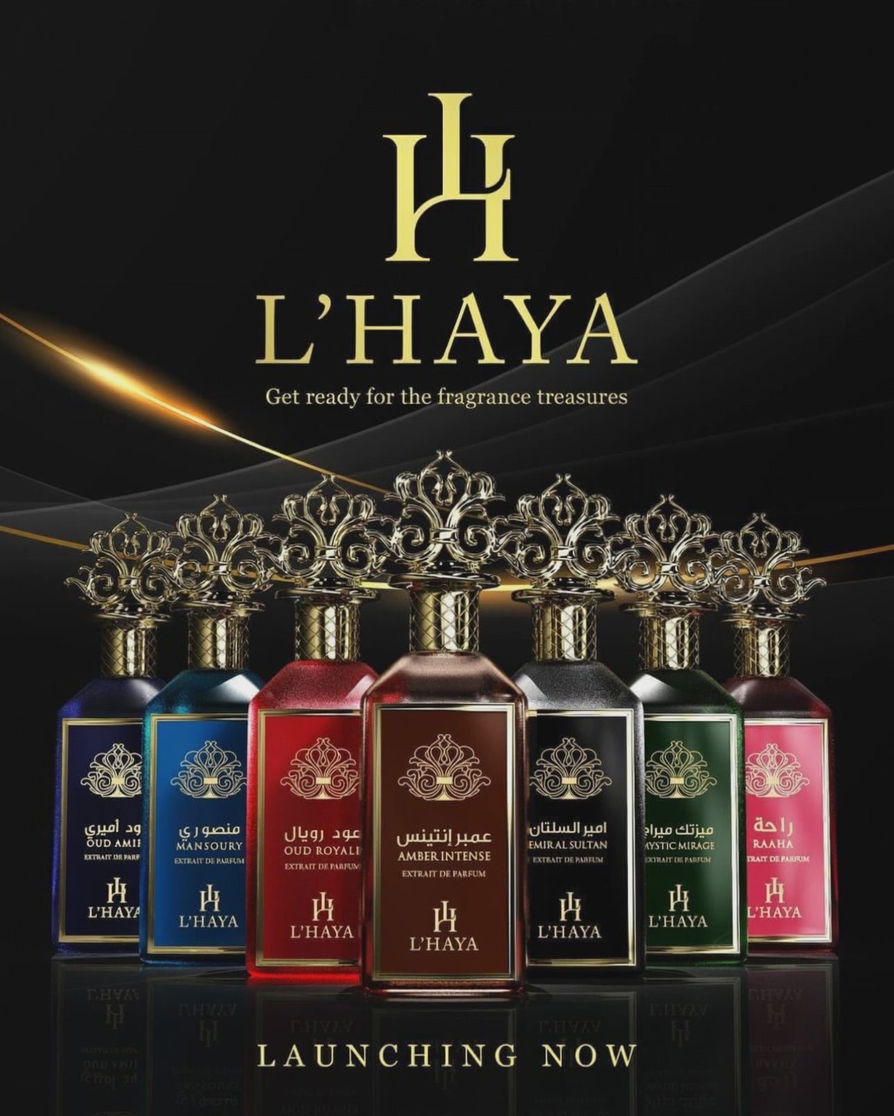 Shop L’Haya Oud Amiri Extrait de Parfum 100ml – a luxurious unisex fragrance with oud, jasmine, and peach. Elegant, powerful, and long-lasting.
