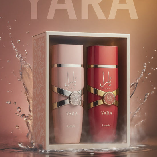 Two Yara perfume bottles with pink and red packaging on a decorative background with flowers and petals.