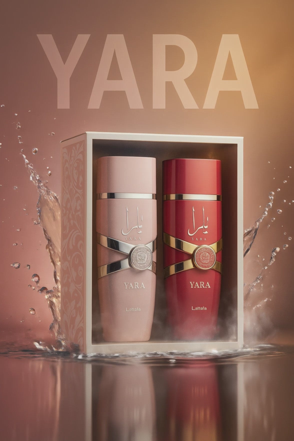Two Yara perfume bottles with pink and red packaging on a decorative background with flowers and petals.