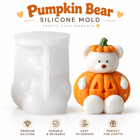 White pumpkin bear silicone candle mold with finished Halloween teddy bear example