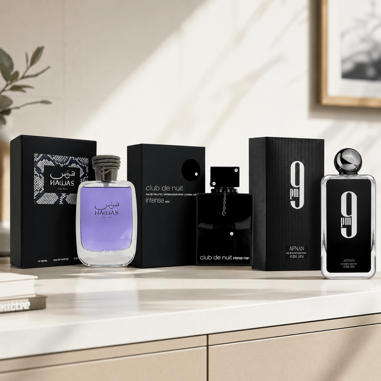 Rasasi Hawas Armaf Club de Nuit Intense Man and Afnan 9PM three-piece men’s fragrance bundle