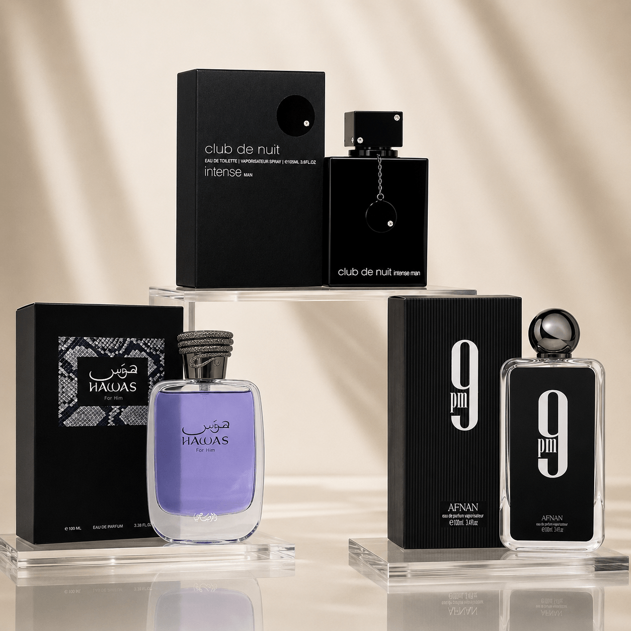 Rasasi Hawas Armaf Club de Nuit Intense Man and Afnan 9PM three-piece men’s fragrance bundle