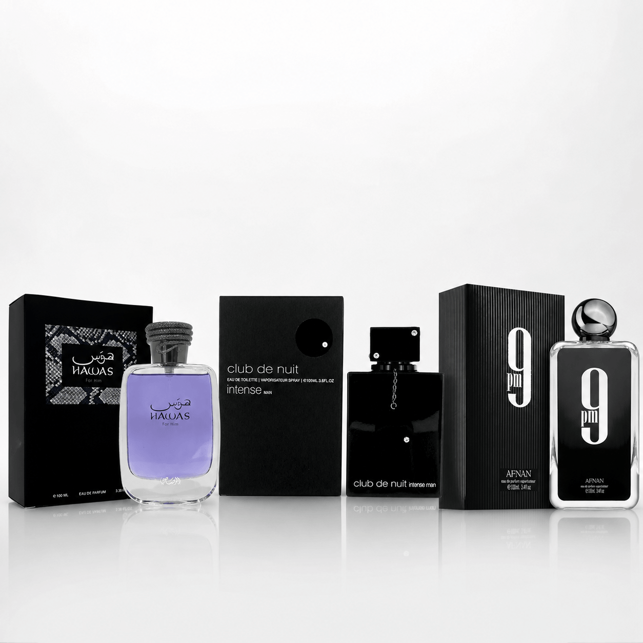 Rasasi Hawas Armaf Club de Nuit Intense Man and Afnan 9PM three-piece men’s fragrance bundle