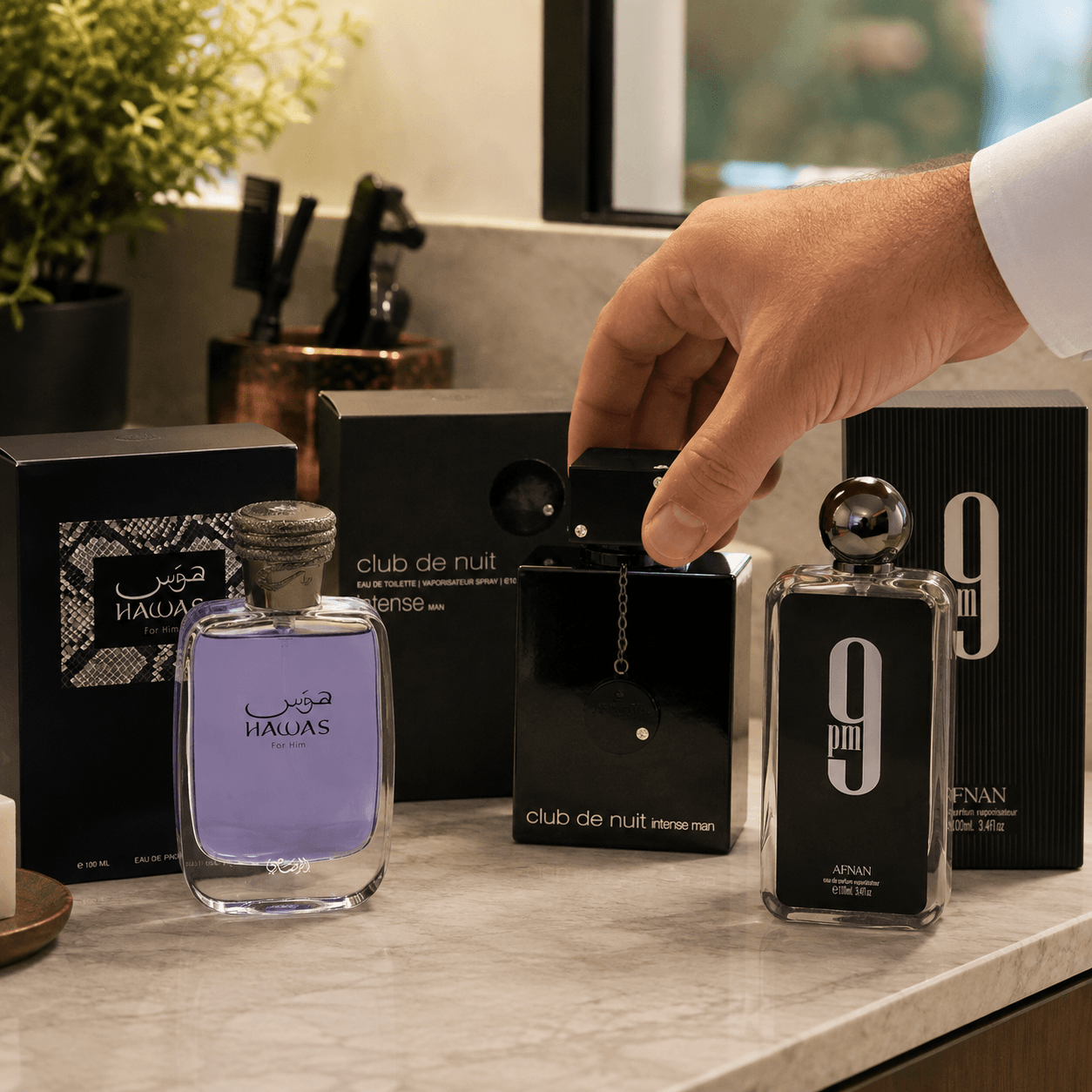 Rasasi Hawas Armaf Club de Nuit Intense Man and Afnan 9PM three-piece men’s fragrance bundle