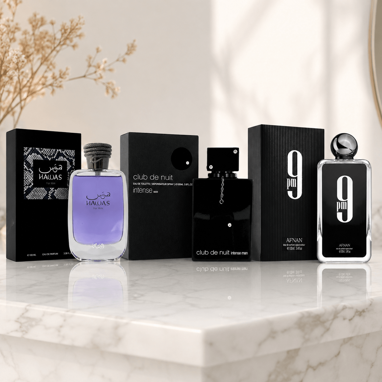 Rasasi Hawas Armaf Club de Nuit Intense Man and Afnan 9PM three-piece men’s fragrance bundle