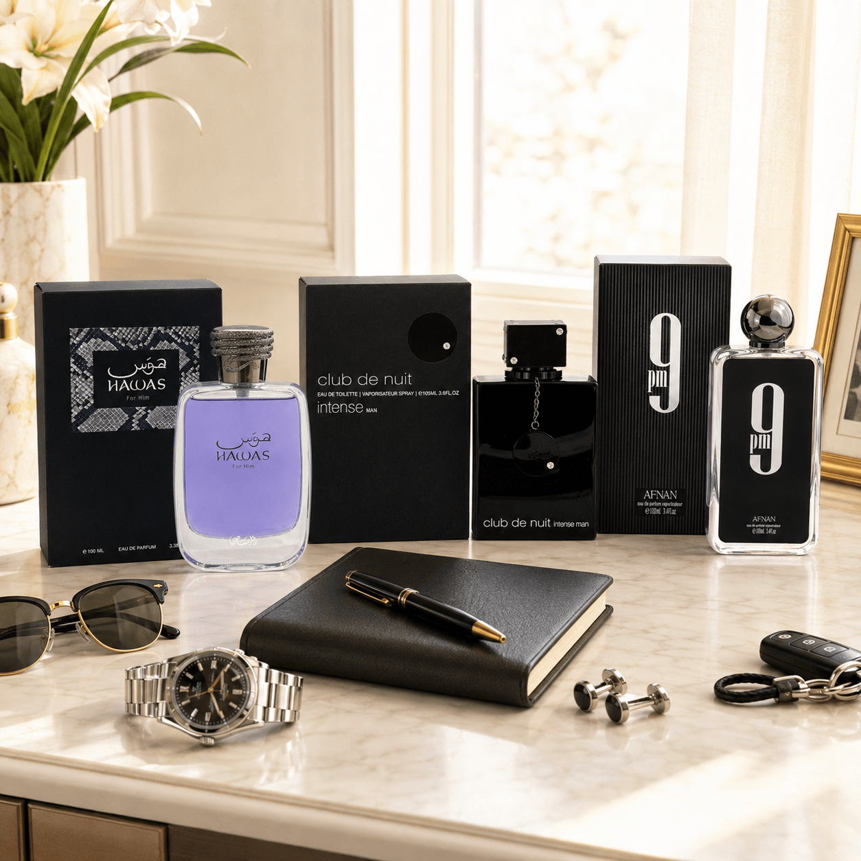 Rasasi Hawas Armaf Club de Nuit Intense Man and Afnan 9PM three-piece men’s fragrance bundle