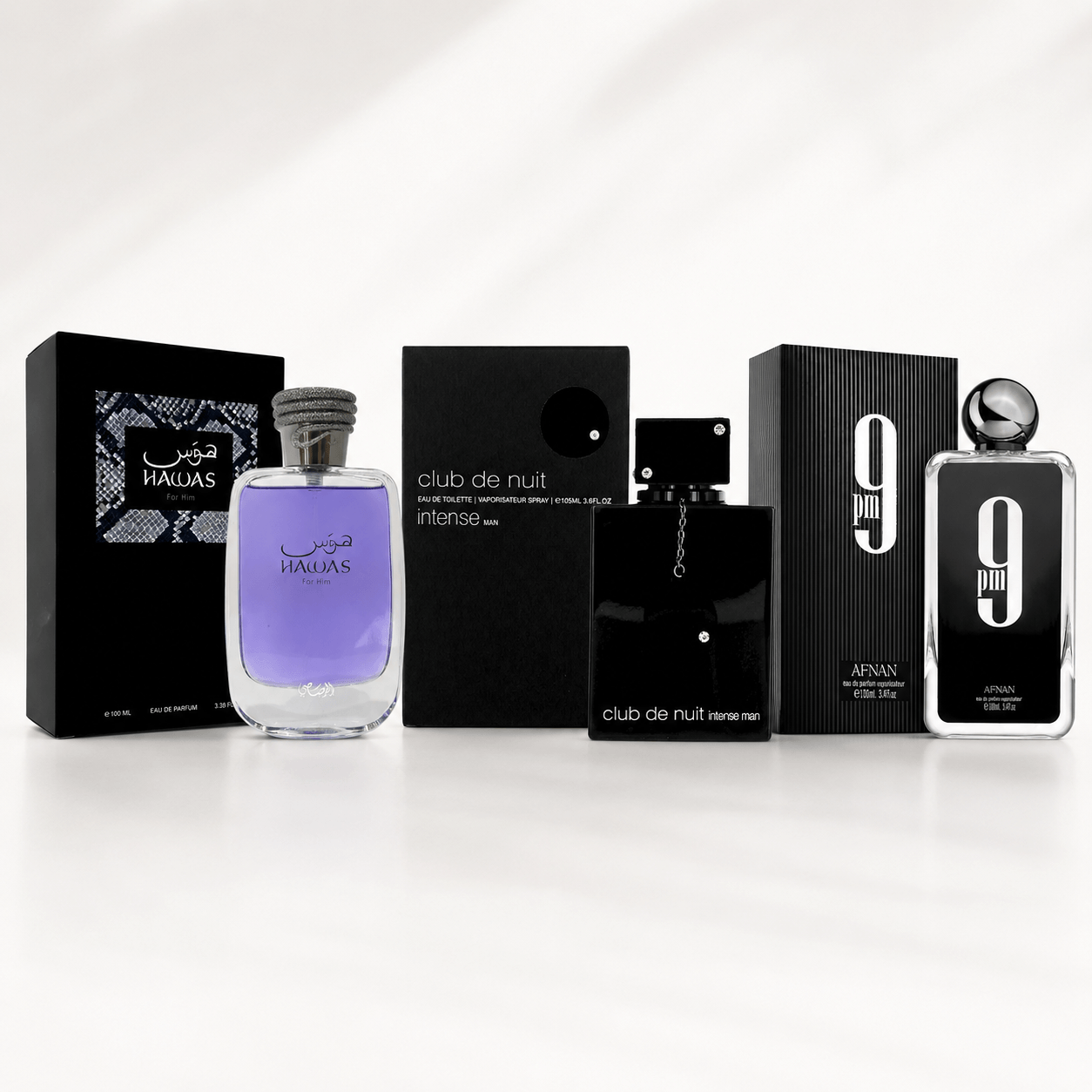 Rasasi Hawas Armaf Club de Nuit Intense Man and Afnan 9PM three-piece men’s fragrance bundle