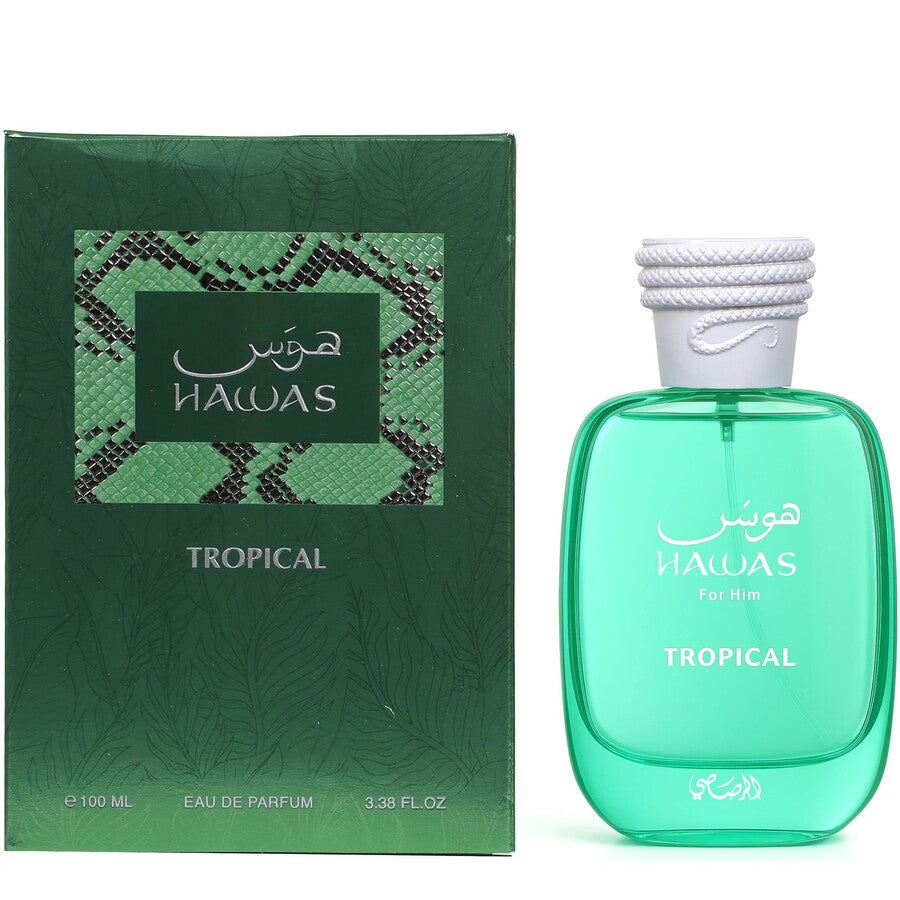 Rasasi Hawas Tropical 100 ml Eau de Parfum for Men – fig leaf coconut water ginger mint tonka bean sandalwood fragrance bottle on white background