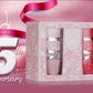 Yara 5th Anniversary gift set with pink and white design on a pink background