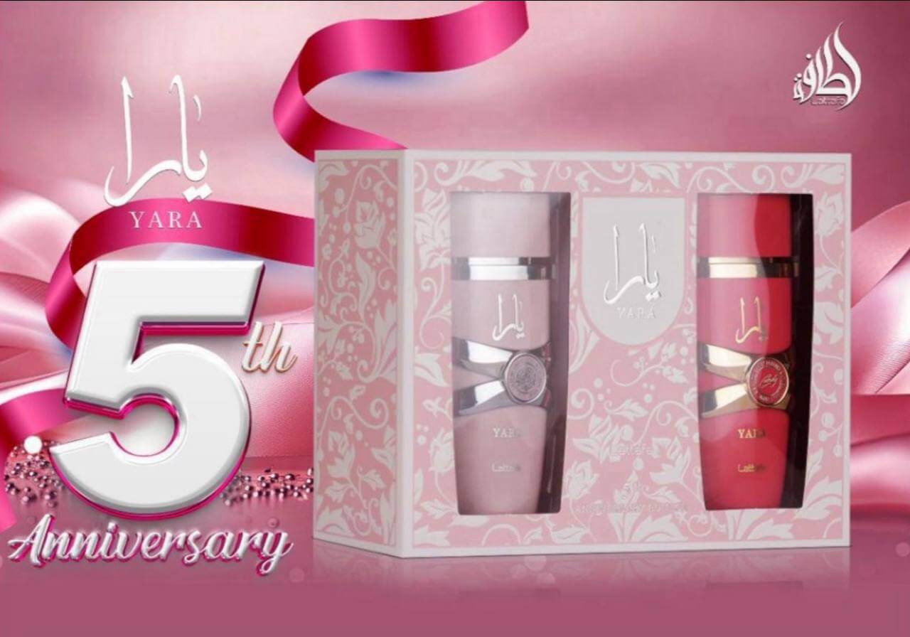 Yara 5th Anniversary gift set with pink and white design on a pink background