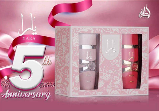 Yara 5th Anniversary gift set with pink and white design on a pink background