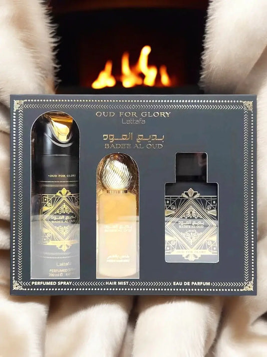 Shop Lattafa Badee Al Oud Oud for Glory 3 Piece Set – Eau de Parfum, Hair Mist, and Body Spray. A luxurious oud collection, bold, elegant, and long-lasting.