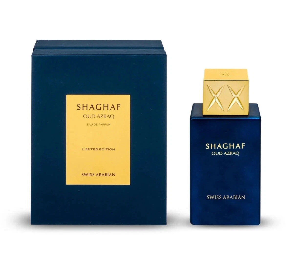 Swiss Arabian Shaghaf Oud Azraq 100 ml Eau de Parfum – honey agarwood cinnamon leather patchouli unisex luxury fragrance bottle on white background
