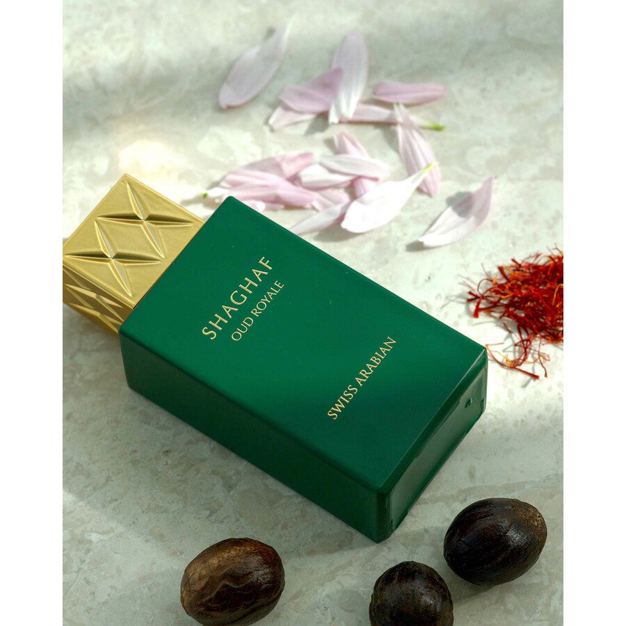 Swiss Arabian Shaghaf Oud Royale 100 ml Eau de Parfum – saffron lavender oud nutmeg musk patchouli unisex fragrance bottle on white background