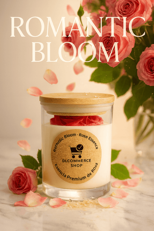 Discover Romantic Bloom – a premium rose essence candle with natural soy wax, bamboo lid, and elegant floral design. Long-lasting fragrance, perfect for gifts.