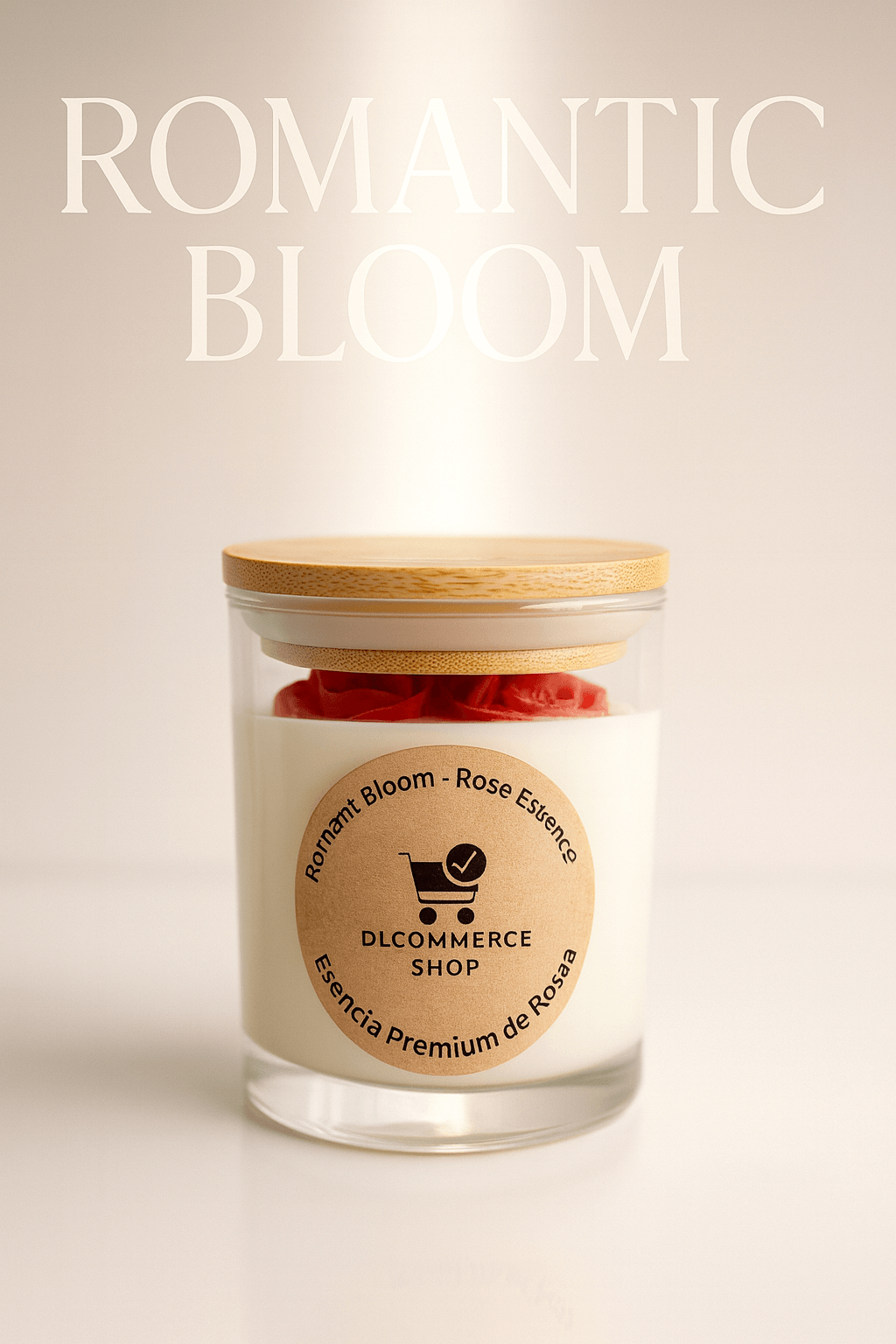 Discover Romantic Bloom – a premium rose essence candle with natural soy wax, bamboo lid, and elegant floral design. Long-lasting fragrance, perfect for gifts.