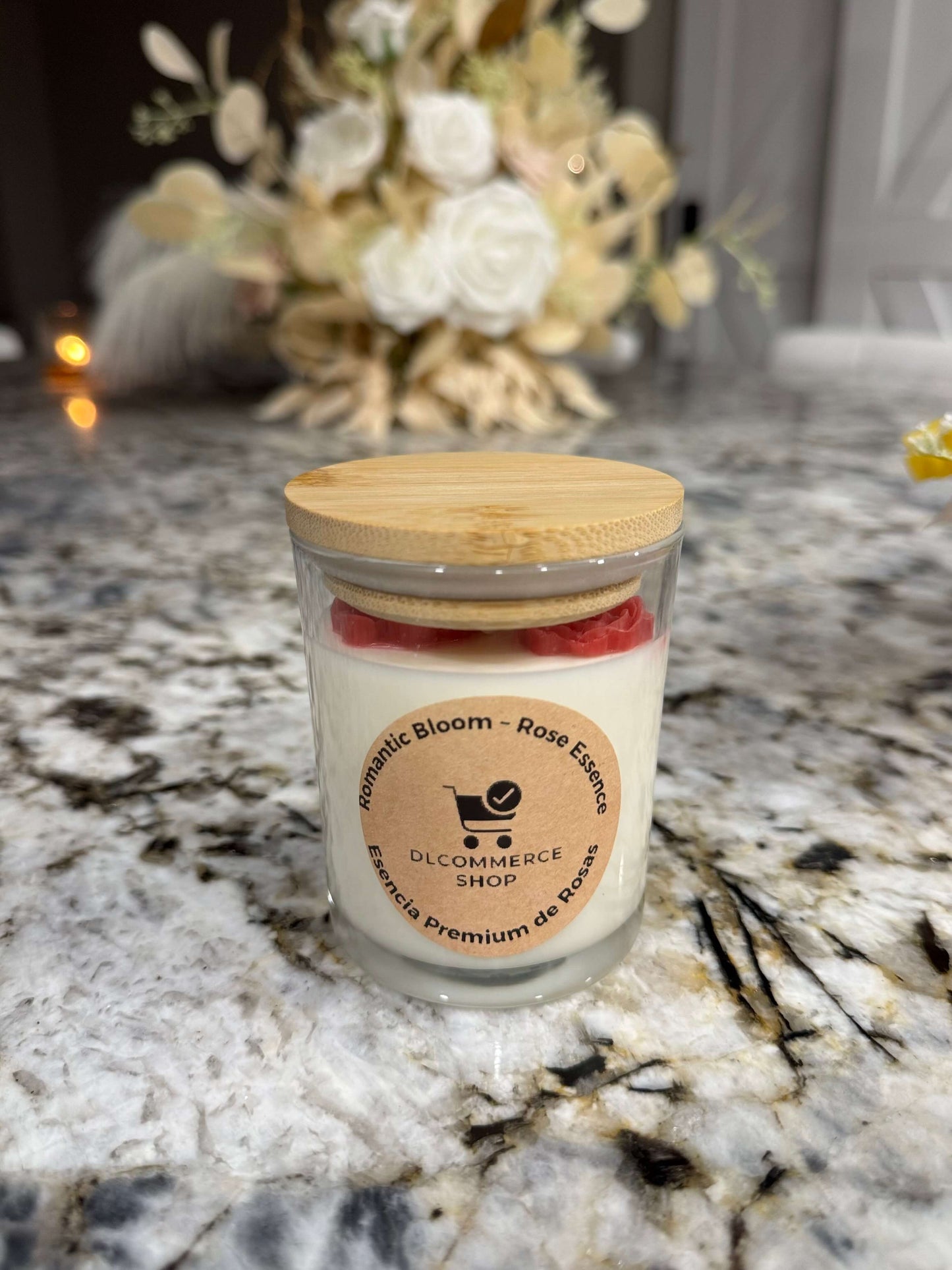 Discover Romantic Bloom – a premium rose essence candle with natural soy wax, bamboo lid, and elegant floral design. Long-lasting fragrance, perfect for gifts.