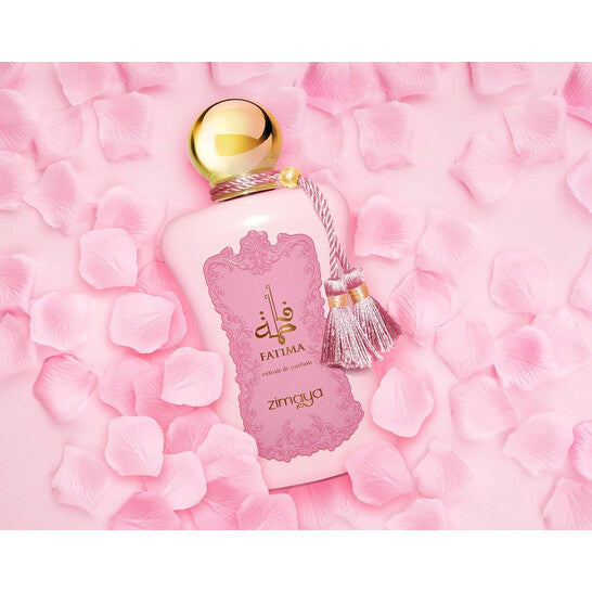 Zimaya Fatima Pink 3.4 oz Eau de Parfum for Women – a soft floral and sweet fragrance that blends rose, jasmine, and vanilla for a long-lasting elegant scent. 
